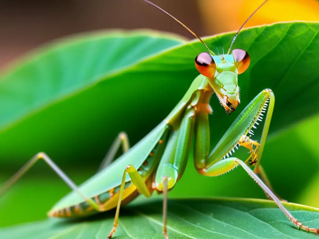 Una mantis religiosa verde vibrante en una hoja, con detalles ultra precisos