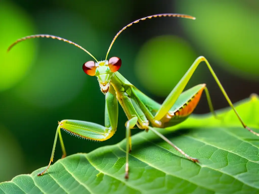 Una mantis religiosa verde vibrante descansa en una hoja delicada, con sus detalles y ojos multifacéticos claramente visibles