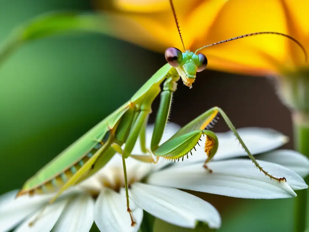 Una mantis religiosa verde vibrante sobre una flor, con un brillo etéreo en las alas de una mariposa