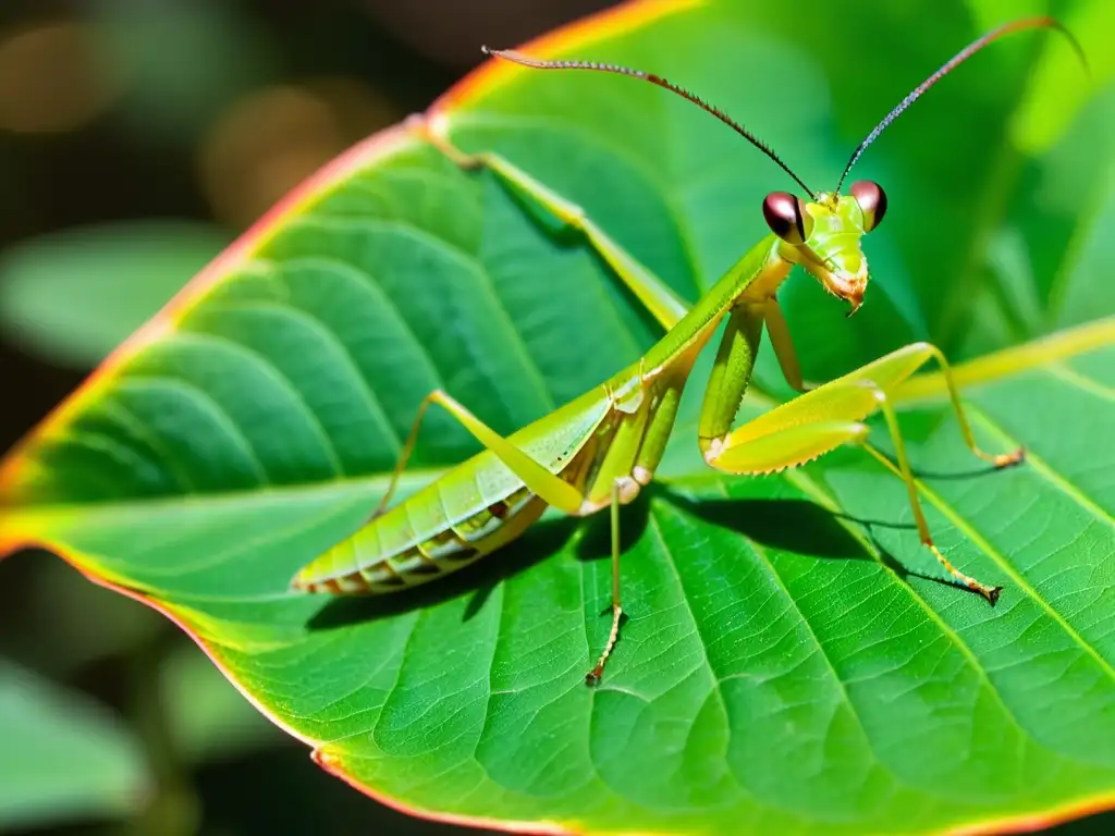 Una mantis religiosa verde vibrante en primer plano sobre una hoja, con detalles ultra definidos y ojos compuestos que reflejan el entorno