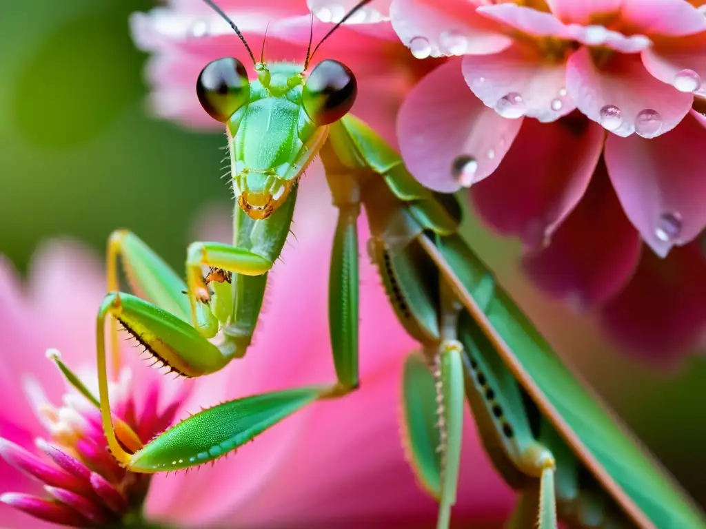 Una mantis religiosa verde vibrante posada en un pétalo rosa, detallando las técnicas de macrofotografía de insectos