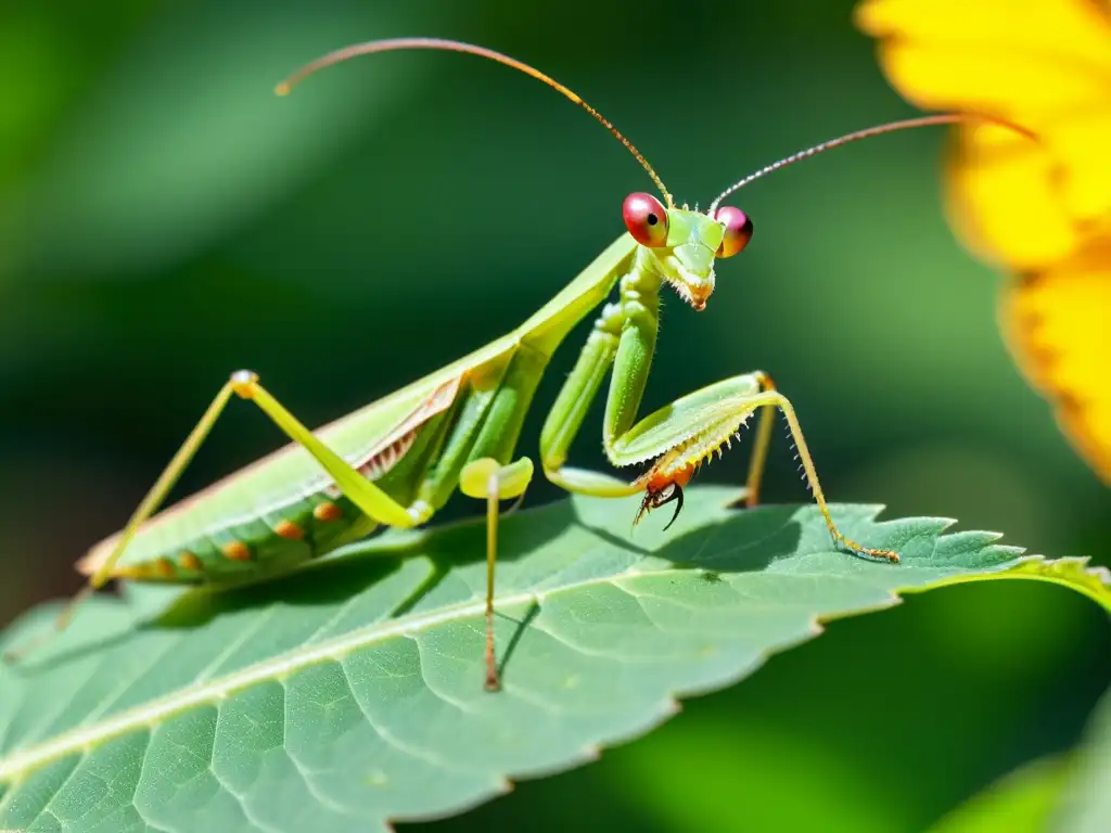 Una mantis religiosa verde vibrante posada en una hoja con estructura corporal detallada, ojos y patas, bañada por la cálida luz del sol