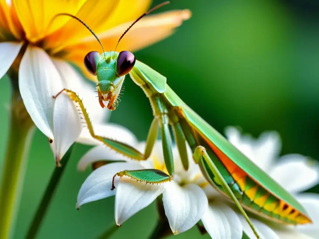 Una mantis religiosa verde vibrante descansa en un pétalo de flor, mostrando la belleza y complejidad de estos insectos