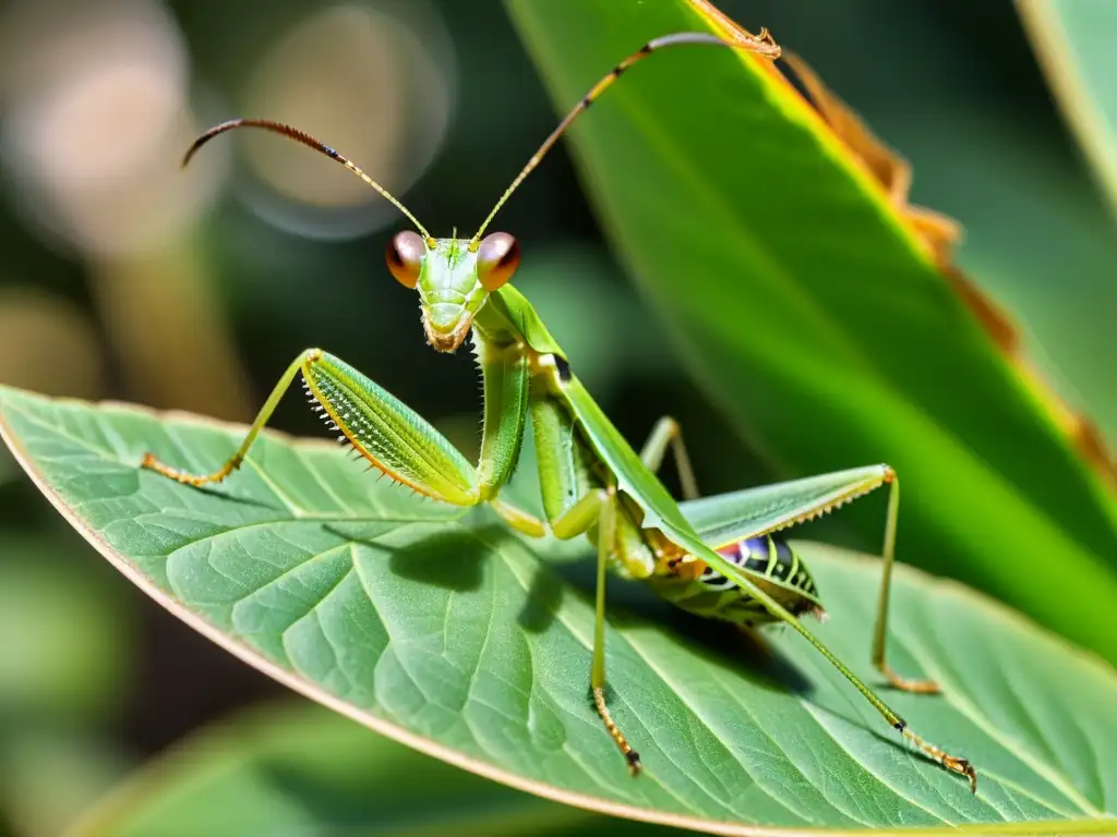 Una mantis religiosa verde vibrante posada en una hoja, con ojos y exoesqueleto detallados