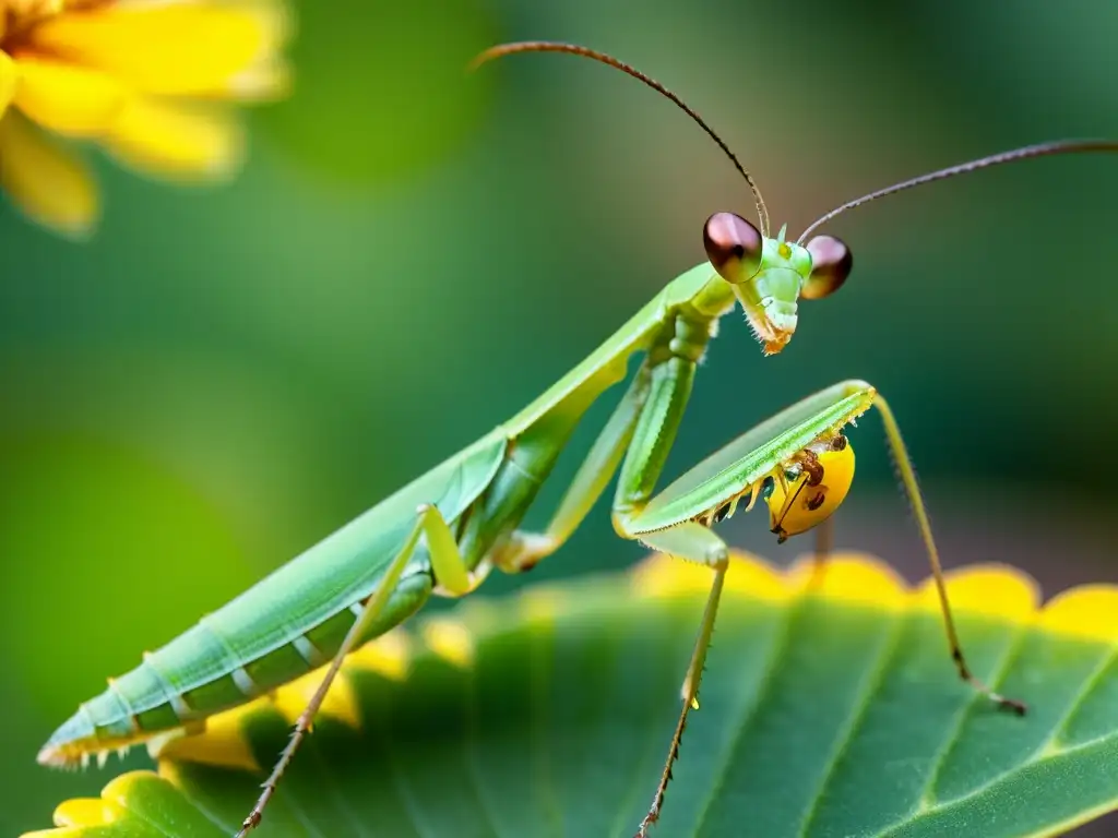 Una mantis religiosa verde vibrante descansa en una flor, mostrando su belleza única