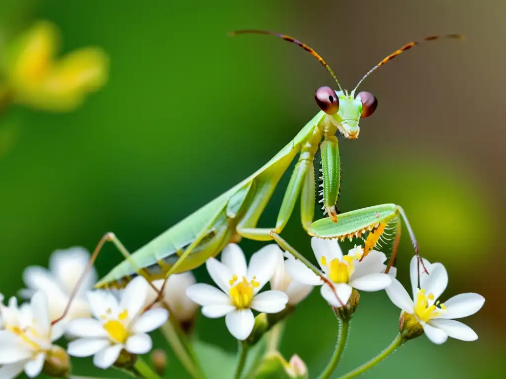 Una mantis religiosa verde vibrante, en una delicada flor, destaca la importancia de los insectos en espectáculos con su elegante pose