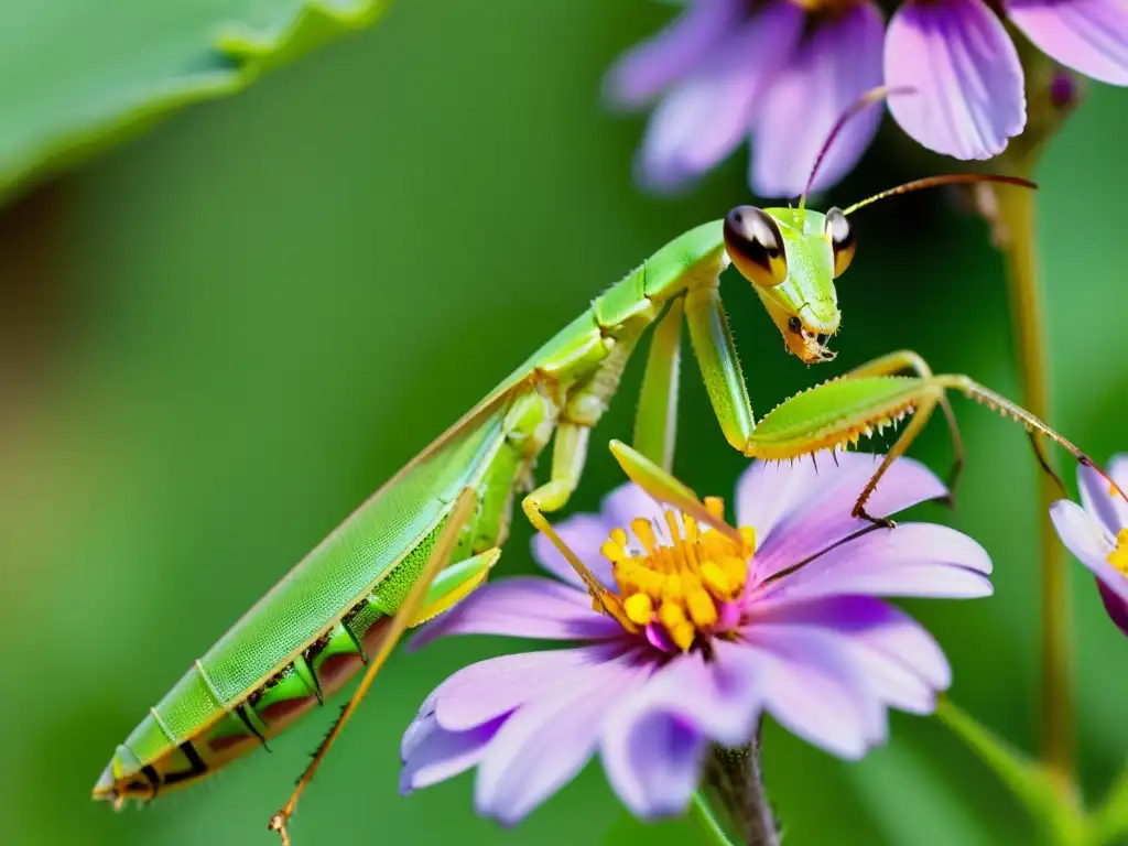 Una mantis religiosa verde vibrante sobre una delicada flor morada