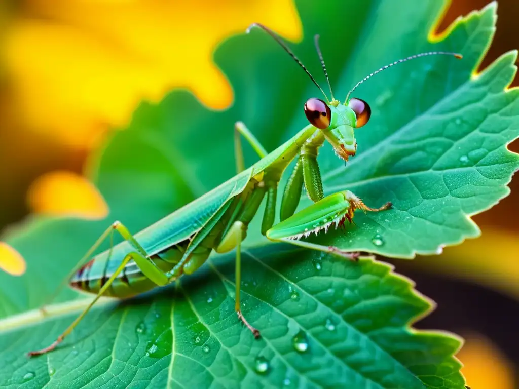 Una mantis religiosa verde vibrante posada en una hoja, con detalles ultrarrealistas de su estructura corporal, alas translúcidas y ojos penetrantes