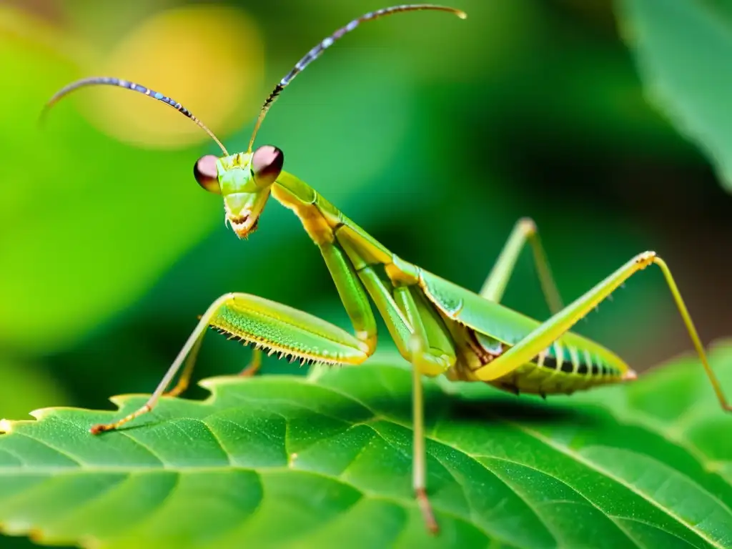 Una mantis religiosa verde vibrante posada en una hoja, con su cuerpo segmentado y ojos afilados en primer plano