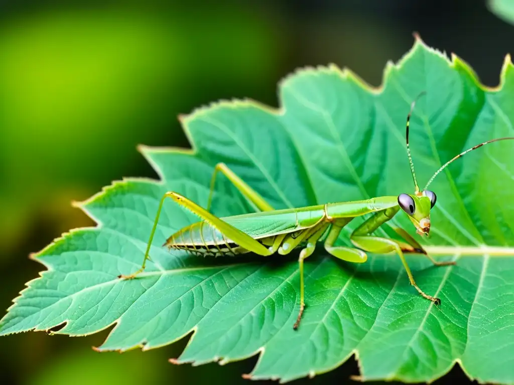 Una mantis religiosa verde vibrante posada en una hoja, sus ojos compuestos reflejan la exuberante vegetación