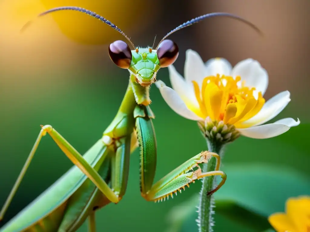 Una mantis religiosa vibrante descansa en una flor, destacando su belleza frente a la expansión urbana, impactando la vida de los insectos