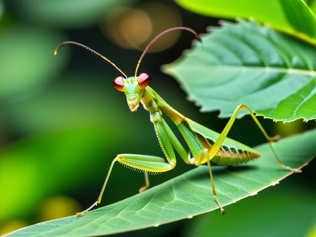 Una mantis religiosa vibrante descansa en una hoja