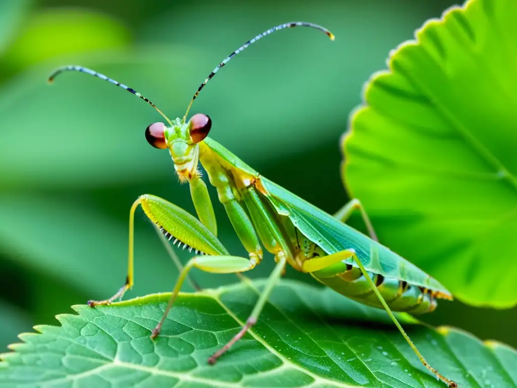 Una mantis verde cautivadora descansa sobre una hoja, con sus alas y ojos en detalle