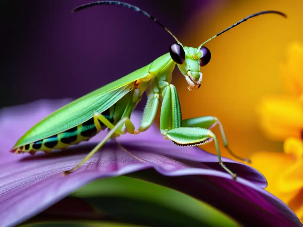 Una mantis orquídea verde y negra descansa en una flor morada, con sus patas listas para cazar