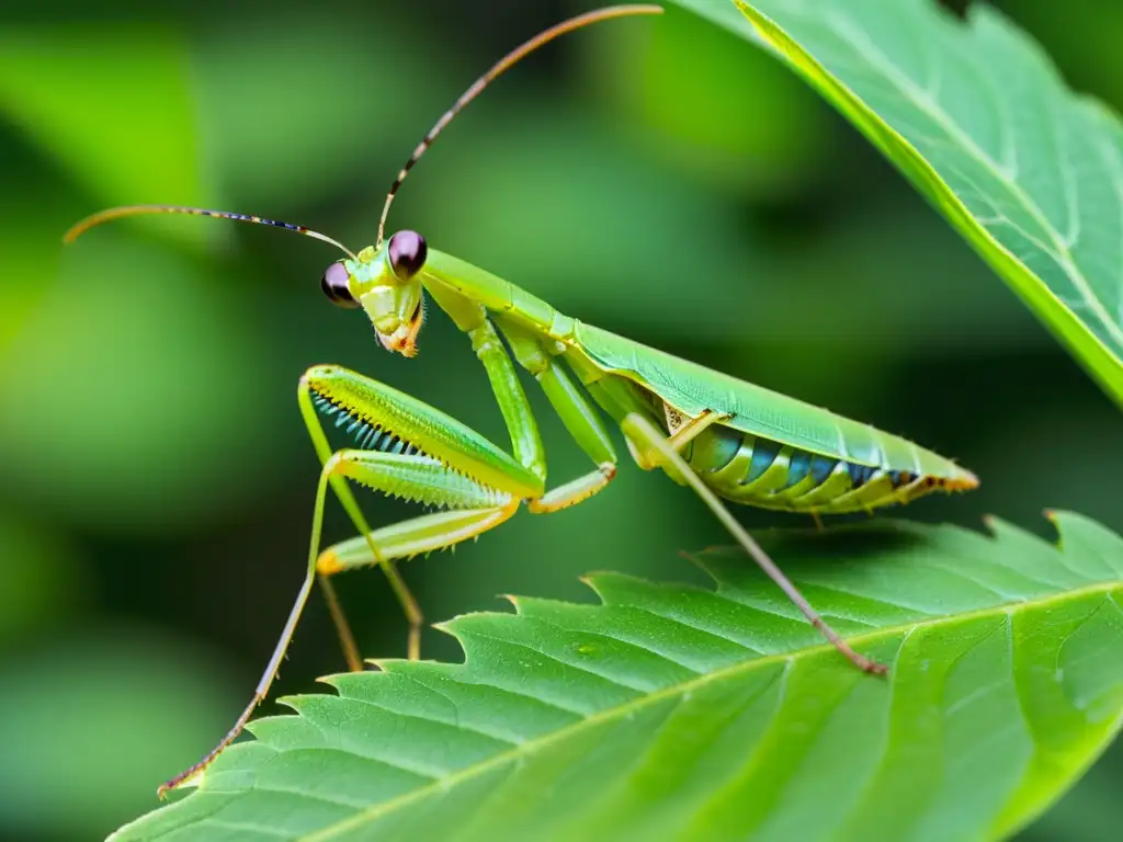 Un mantis verde vibrante en una hoja, con sus ojos compuestos y alas detalladas capturando la luz