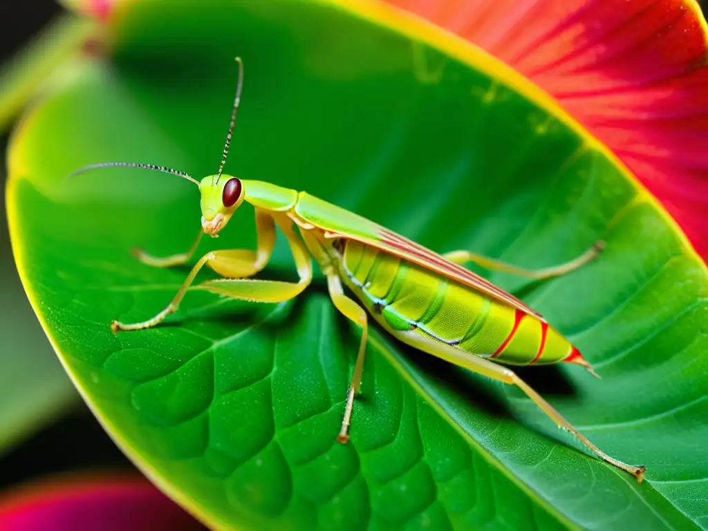 Una mantis orquídea verde vibrante descansa en una hoja, mostrando su belleza única