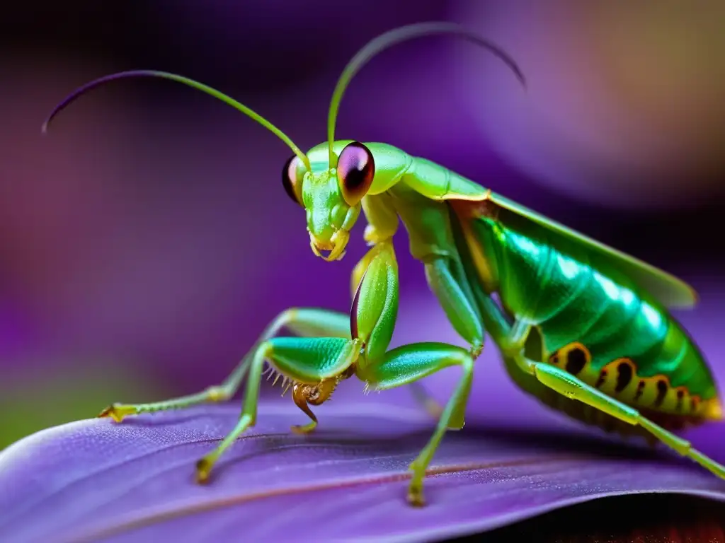 Una mantis orquídea metálica verde vibrante posada en un pétalo de orquídea morada, destacando sus características de camuflaje y depredación