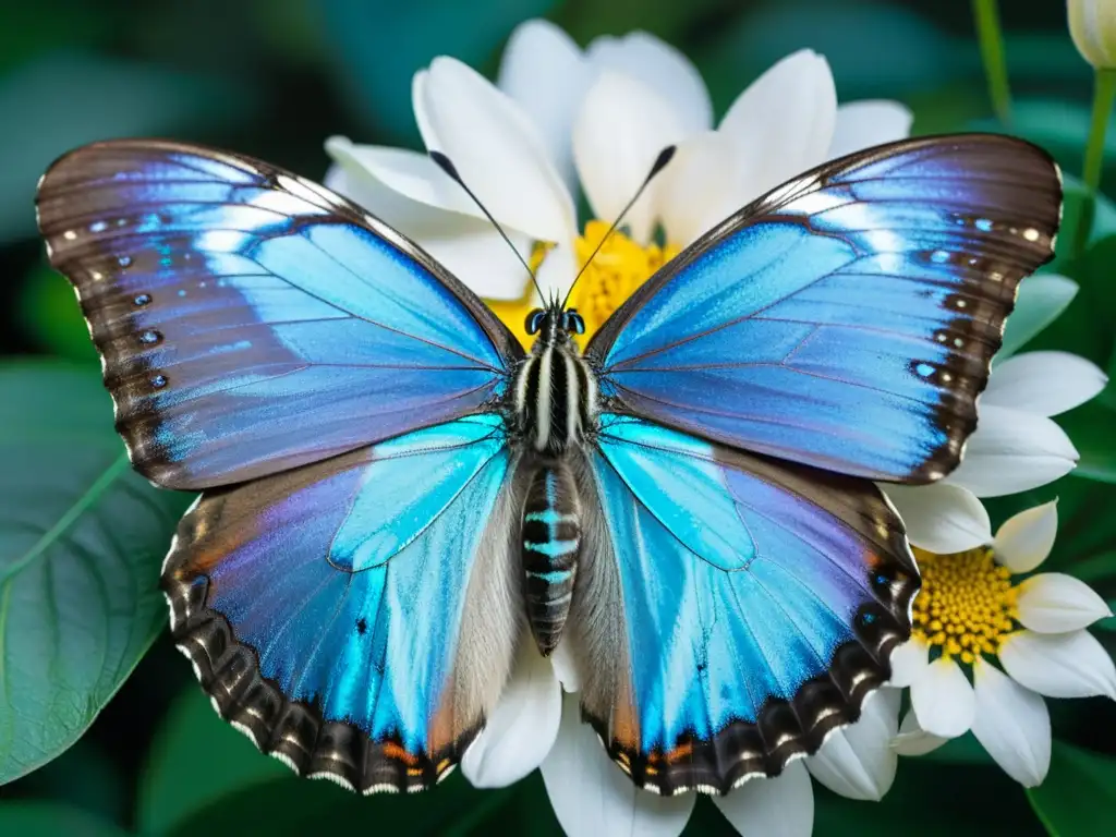 Una maravillosa mariposa morpho azul descansando en un pétalo de flor, destacando la belleza iridiscente de la naturaleza