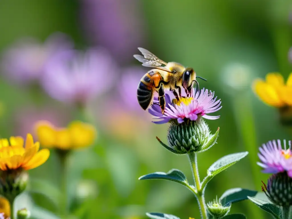 Una maravillosa fotografía macro de un campo lleno de coloridas flores silvestres con una abeja recolectando néctar