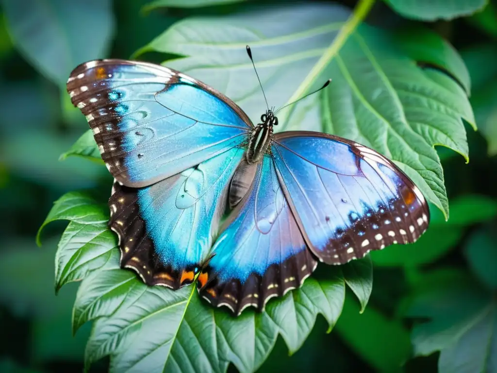 Una maravillosa mariposa azul morfo sobre una hoja verde