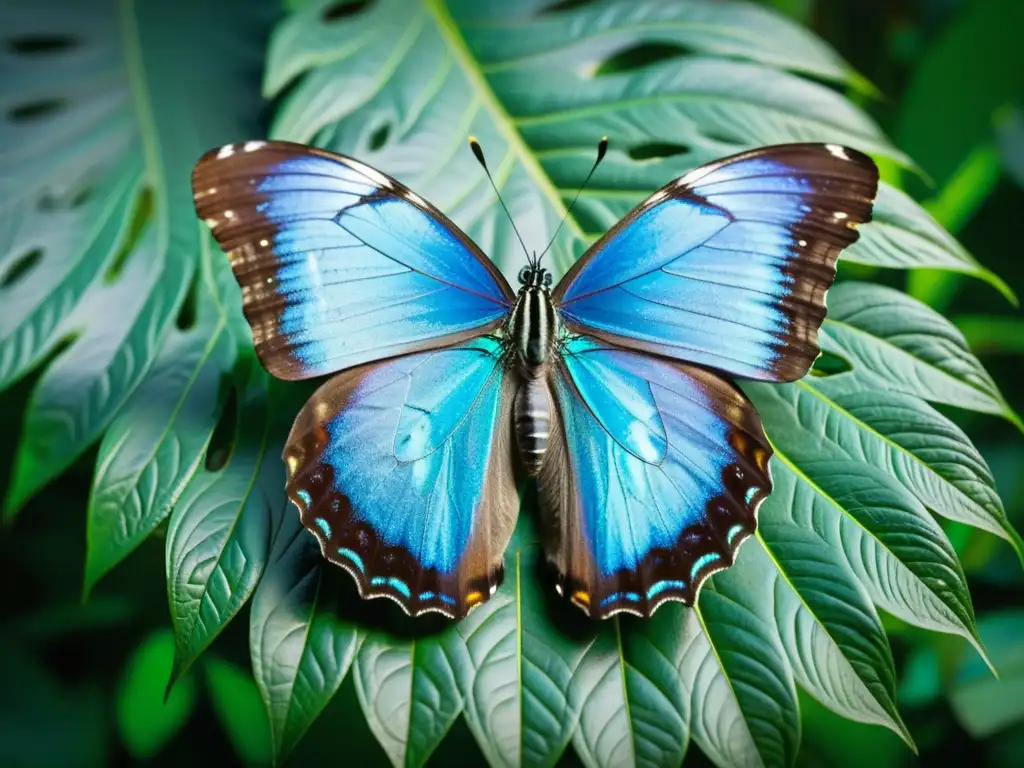 Una maravillosa mariposa azul morpho posada en una hoja verde en un entorno tropical, promoviendo la conservación de insectos en zoológicos