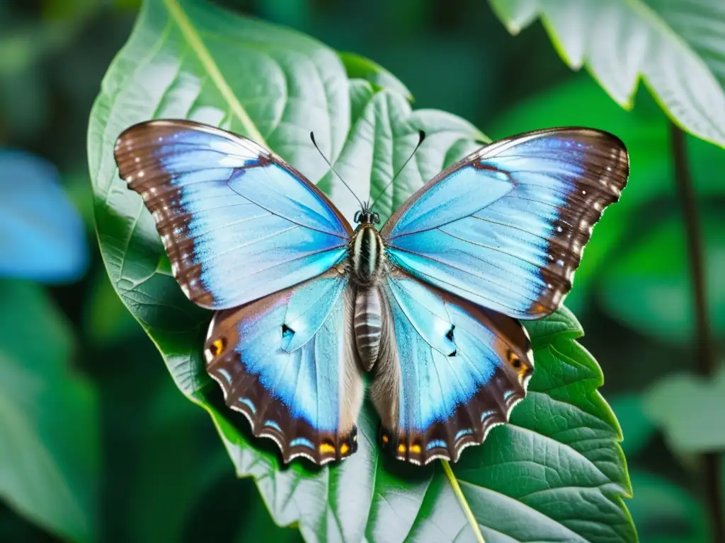 Una maravillosa mariposa azul posada en una hoja, muestra sus alas iridiscentes