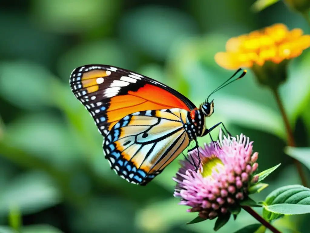 Una maravillosa mariposa detallada y vibrante posada en una delicada flor en un exuberante jardín, creando una experiencia visual cautivadora