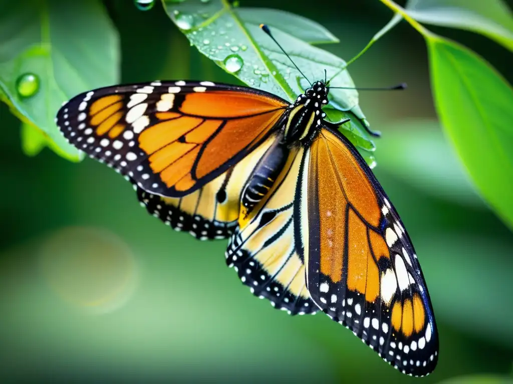 Una maravillosa mariposa monarca emerge de su crisálida, con patrones e colores vibrantes en sus alas