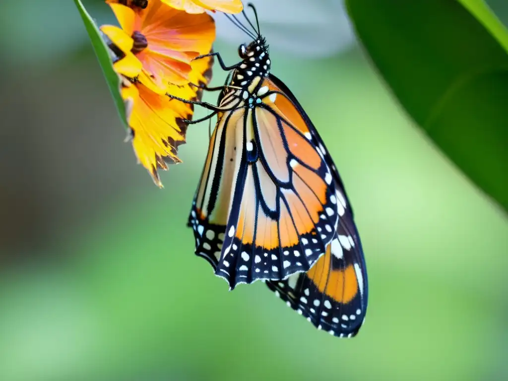 Una maravillosa mariposa monarca emerge de su crisálida en un proceso de metamorfosis impresionante