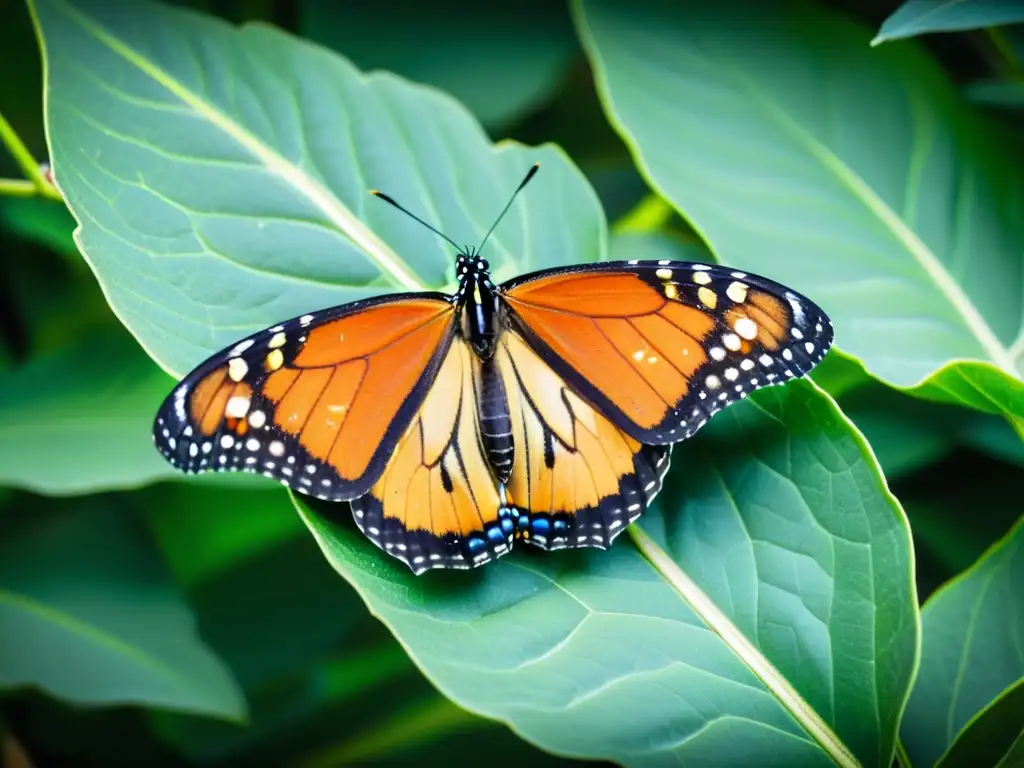 Una maravillosa mariposa monarca depositando huevos en hojas verdes vibrantes de una planta de algodoncillo