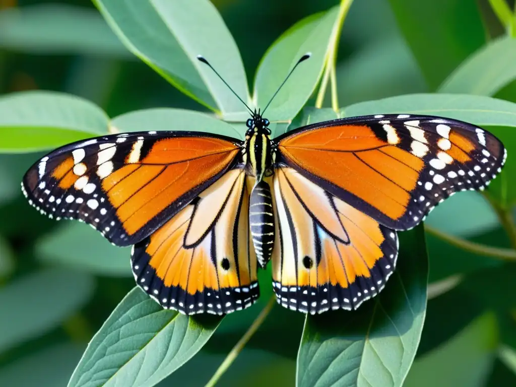 Una maravillosa mariposa monarca descansa en una planta de algodoncillo, con sus brillantes alas desplegadas