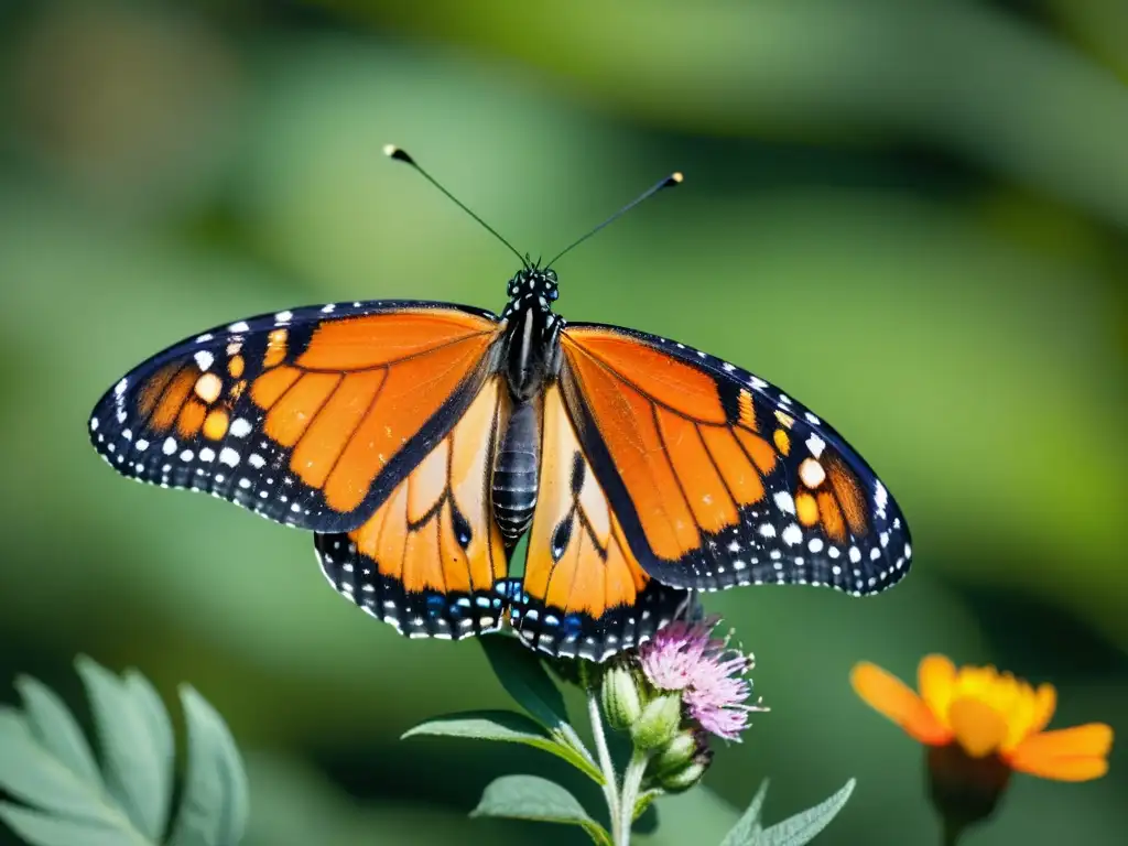 Una maravillosa mariposa Monarca en vuelo, con sus vivos colores naranja y negro