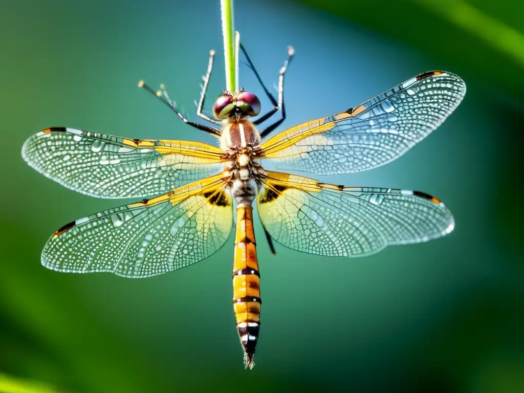 Una maravillosa nube entomológica para compartir archivos: una libélula con alas translúcidas posada sobre una tela de araña cubierta de rocío