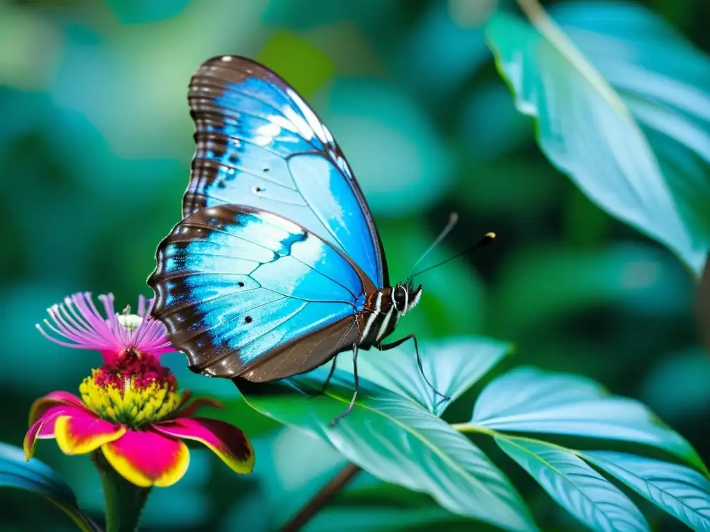 Una maravillosa mariposa Blue Morpho posada en una exuberante flor tropical, deslumbrando con sus tonos azules y plateados