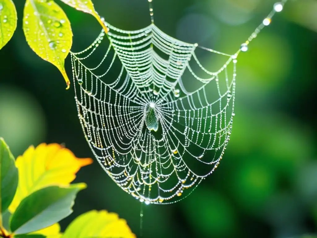 Maravillosa telaraña en detalle con rocío, atrae insectos útiles en espacios pequeños