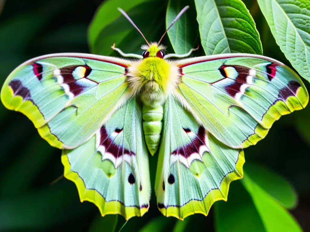 Una maravillosa polilla Luna verde descansa sobre una hoja, con sus alas abiertas y detalles impresionantes