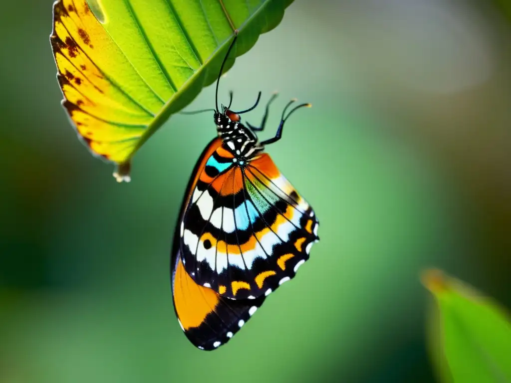 Mariposa emergente: belleza en transformación Maravilloso ciclo de vida de los insectos en ecosistemas: una colorida mariposa emerge de su crisálida, desplegando sus delicadas y vibrantes alas