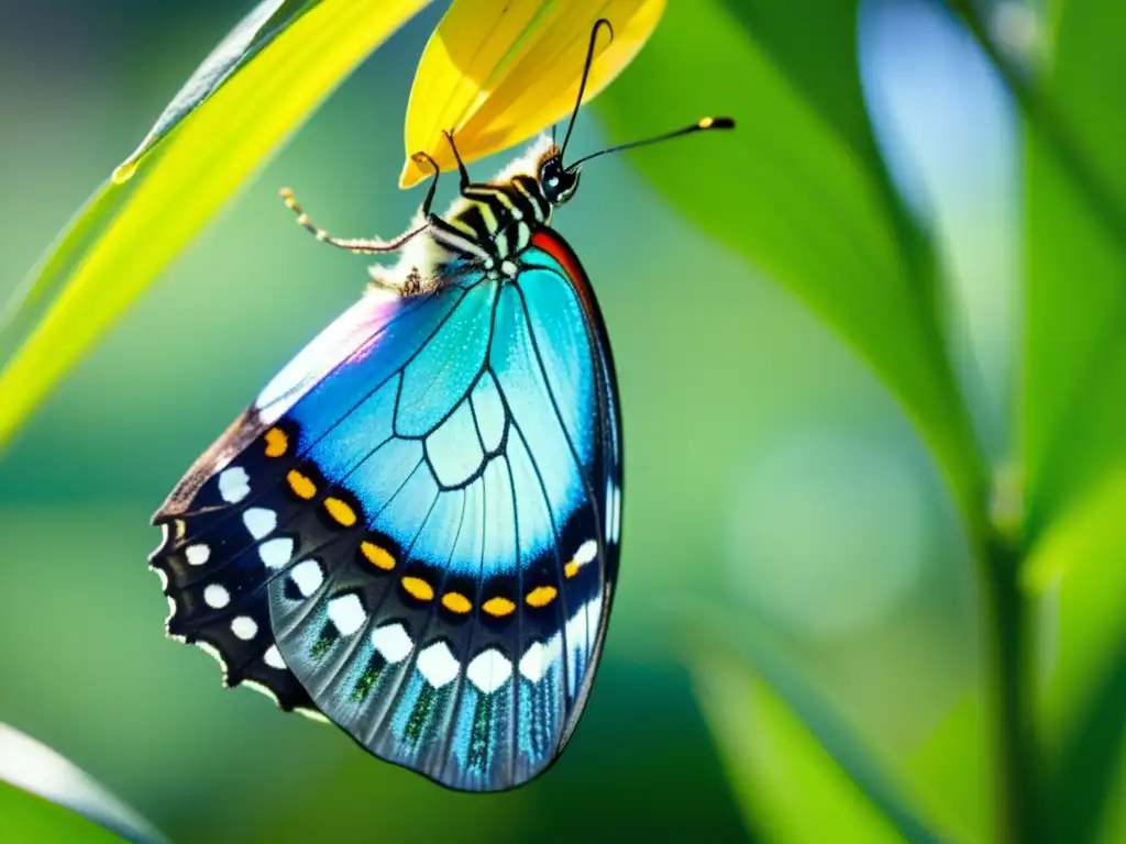 Maravilloso proceso de metamorfosis en insectos: una mariposa emergiendo de su crisálida con colores vibrantes y detalles intrincados