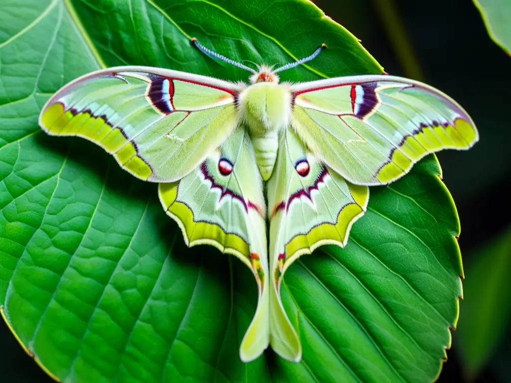 Una mariposa Luna (Actias luna) reposa en una hoja, mostrando sus hermosos colores y patrones