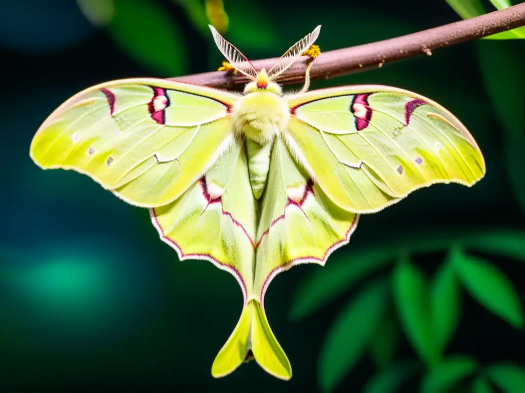 Una mariposa Luna (Actias luna) reposa en una rama nocturna, con sus alas verdes y ojos brillantes