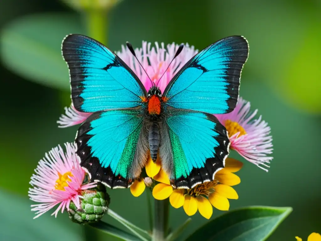 Mariposa Atala en flor coontie, reflejo iridiscente