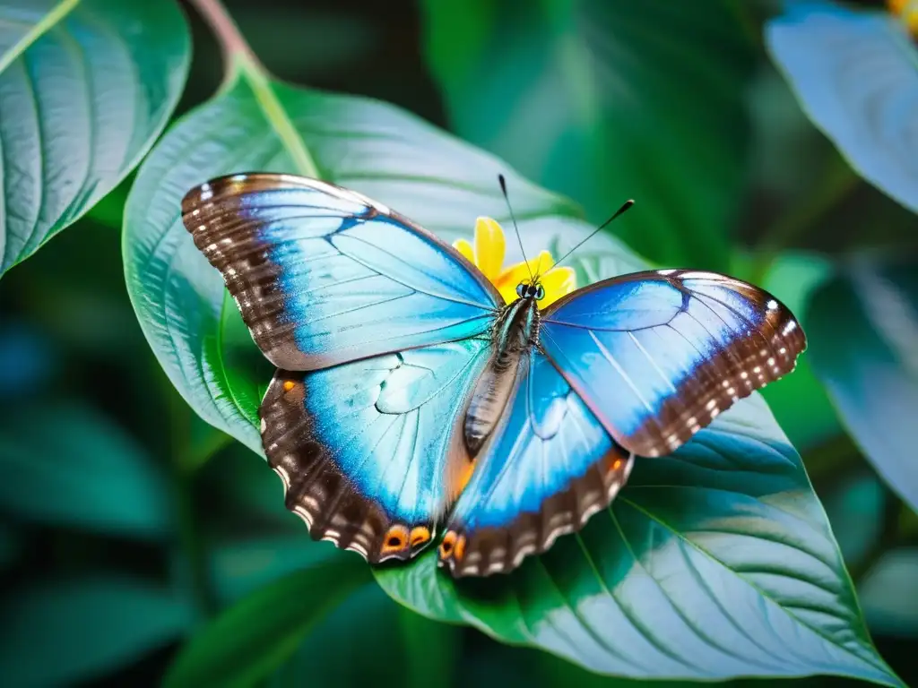 Mariposa azul morpho en flor tropical, reflejando la belleza de las mariposas exóticas del trópico