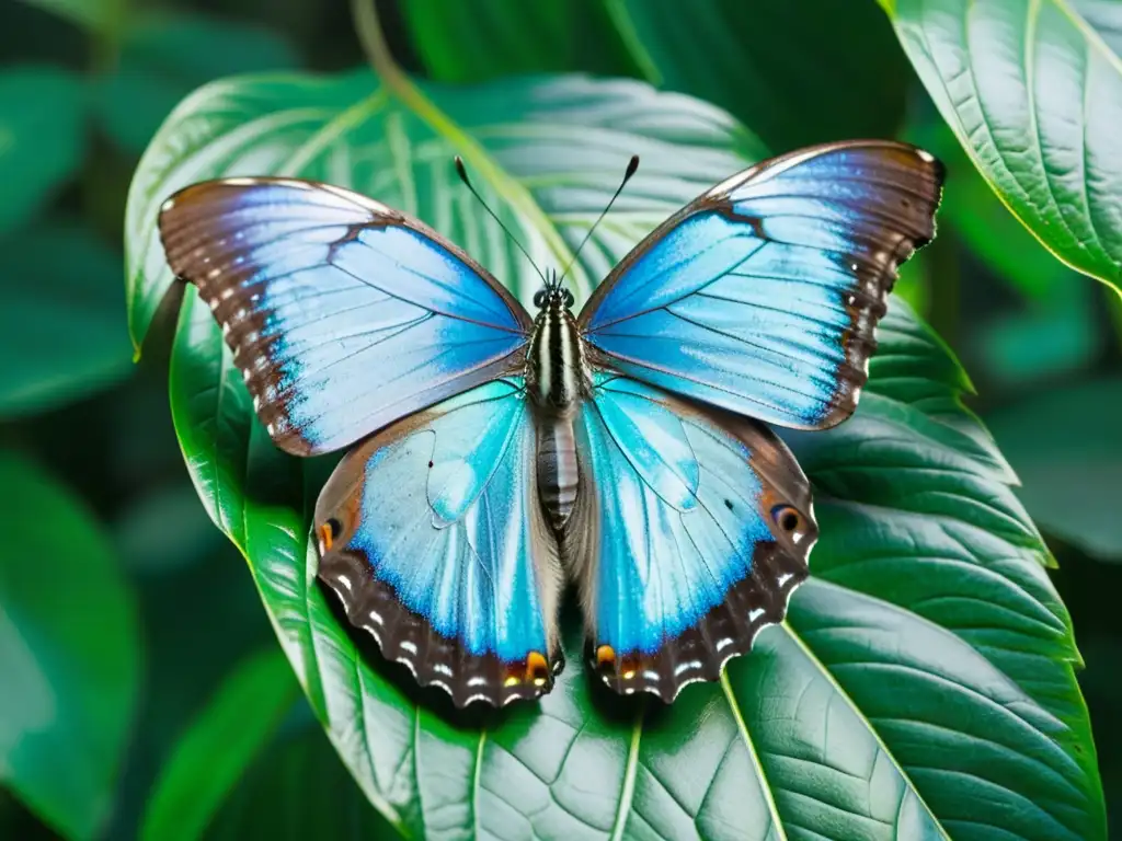 Mariposa azul morpho en hoja tropical, con alas iridiscentes desplegadas