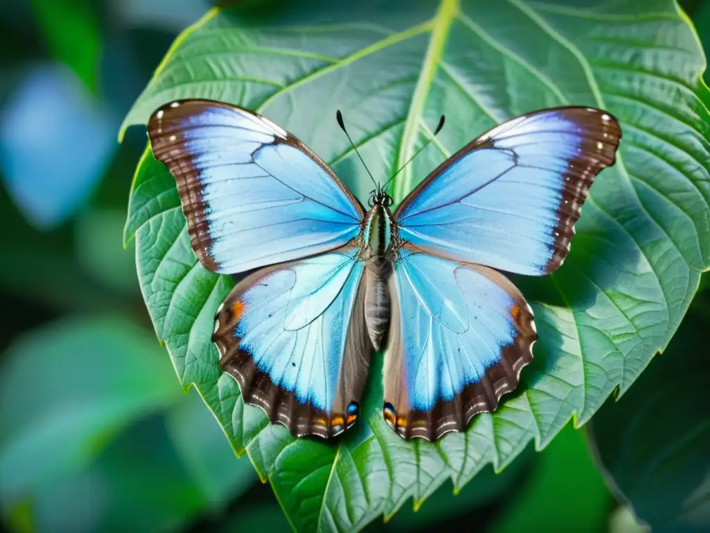 Una mariposa morpho azul iridiscente descansa en una hoja verde