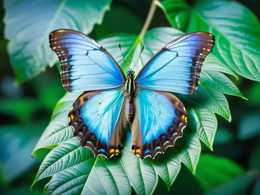 Una mariposa morpho azul iridiscente posada en una hoja verde, mostrando su belleza natural