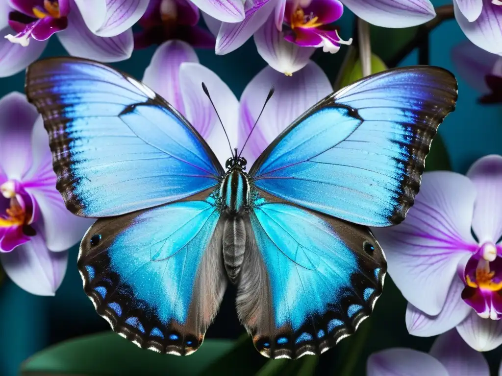 Una mariposa Morpho didius azul metálico reposa en una orquídea rosa vibrante