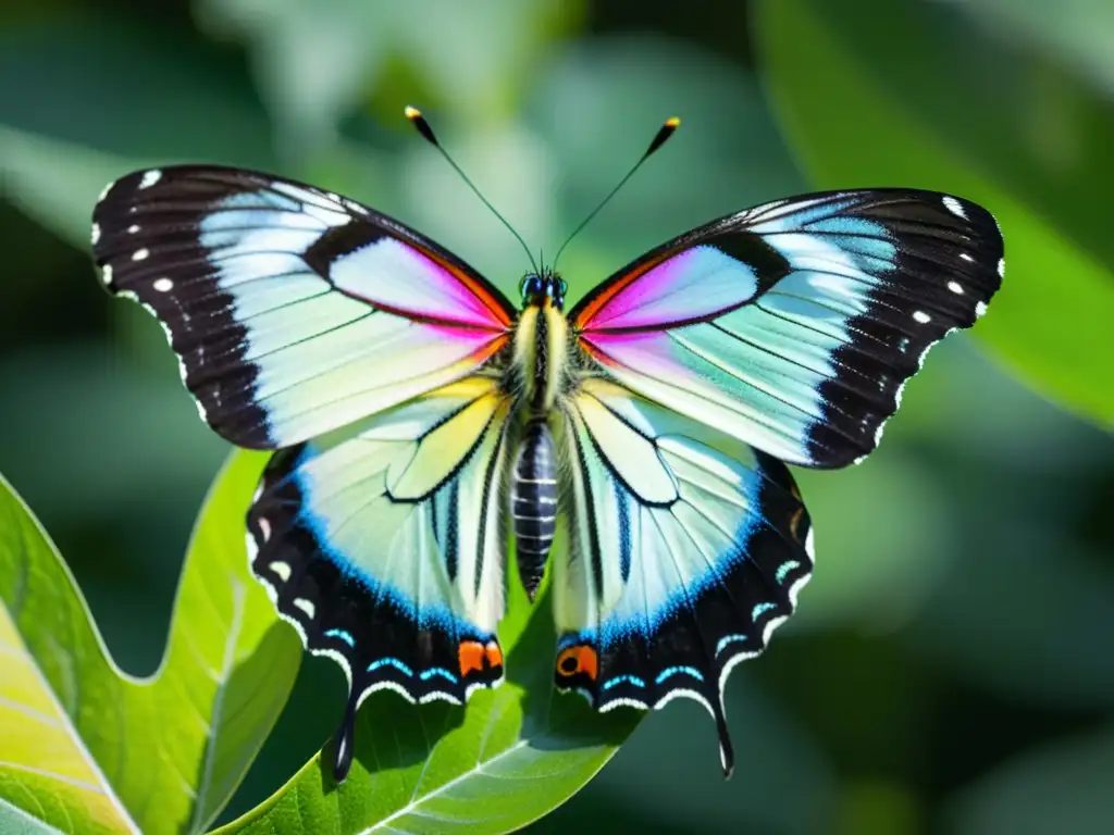 Una mariposa colorida de alas delicadas descansa sobre una hoja verde vibrante, revelando patrones e texturas