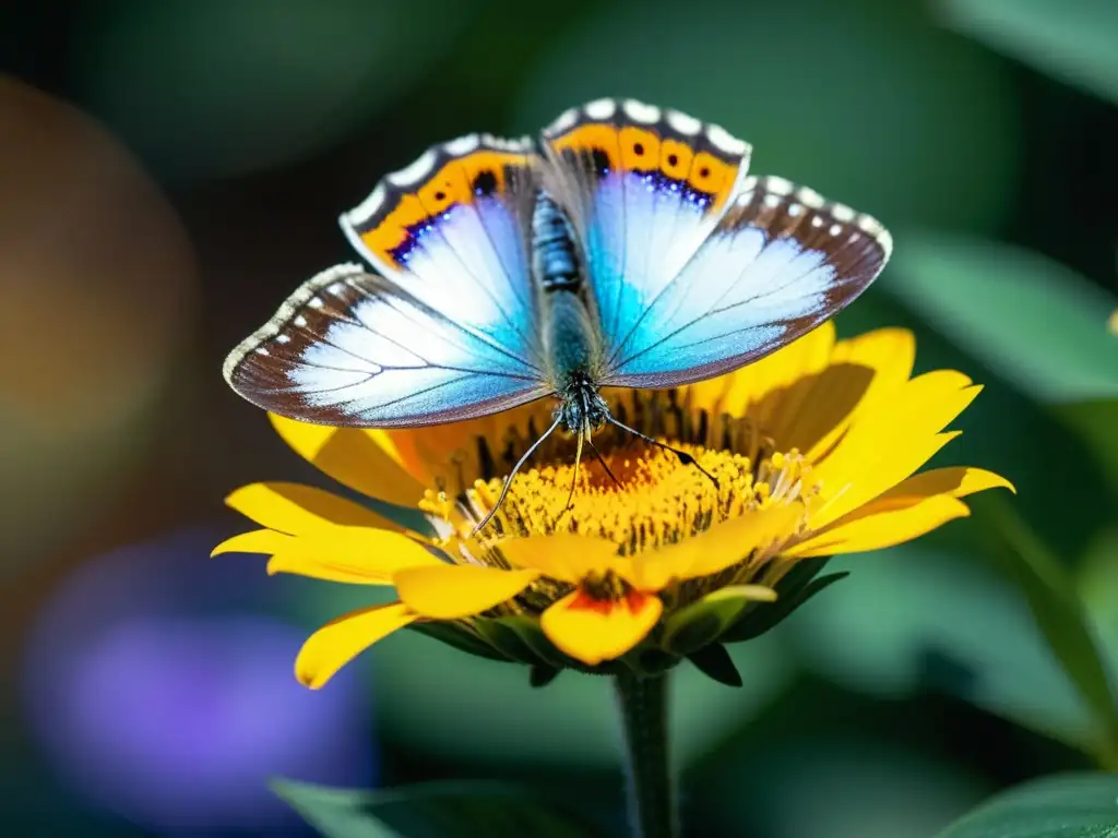 Una mariposa colorida con sus alas iridiscentes extendidas sobre una flor, con reflejos y sombras que crean una escena etérea