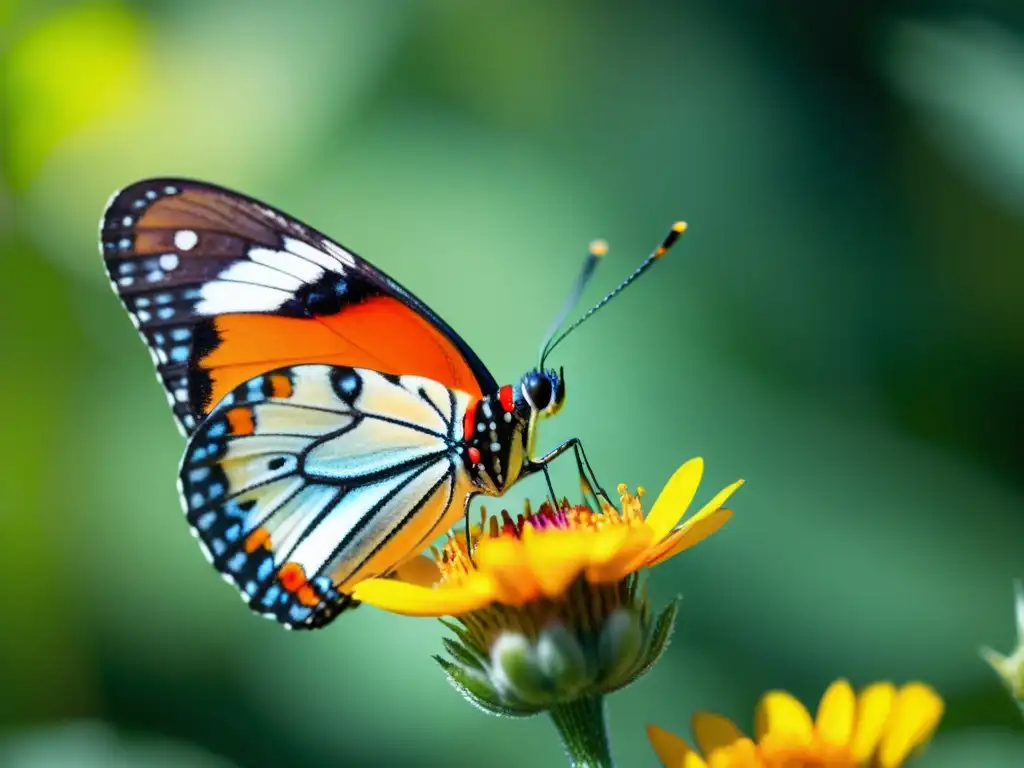 Una mariposa colorida descansa en una delicada flor, con detalles intrincados en sus alas y antenas