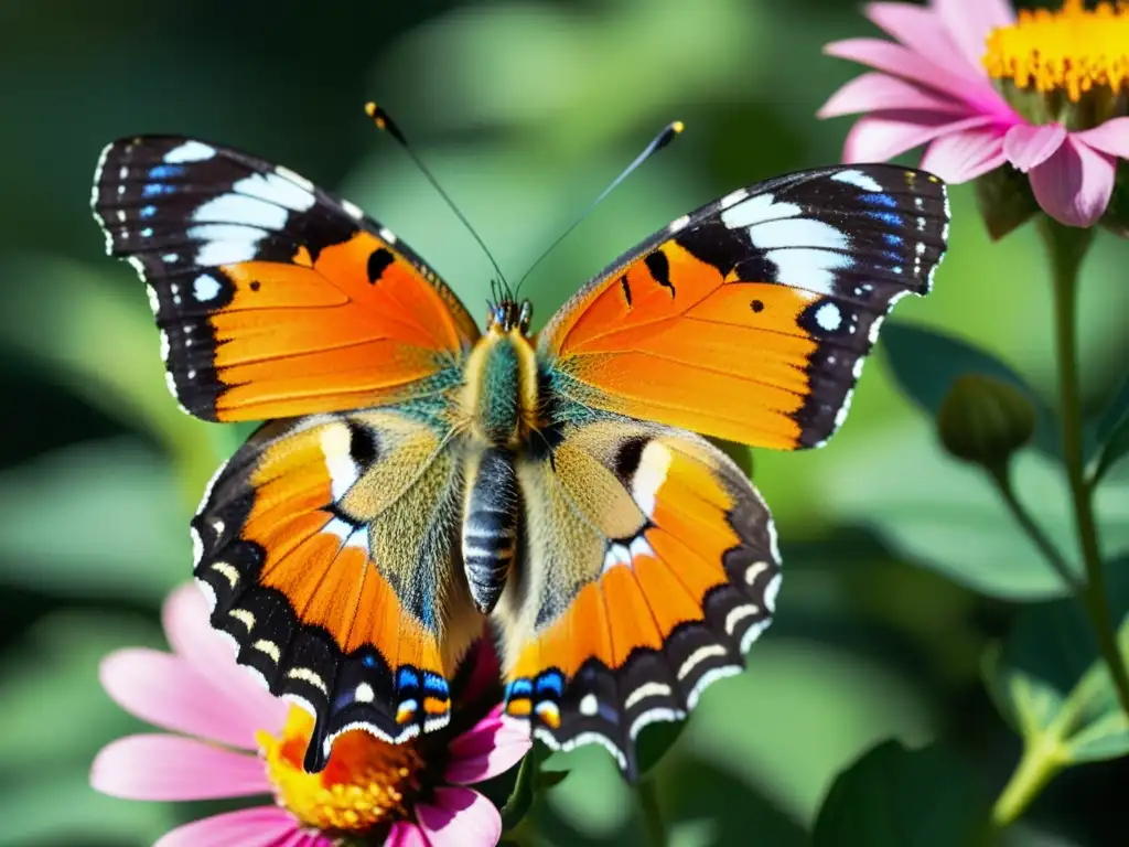 Una mariposa colorida y detallada reposa en una flor vibrante bajo la cálida luz del sol, resaltando la fragilidad y belleza de la naturaleza